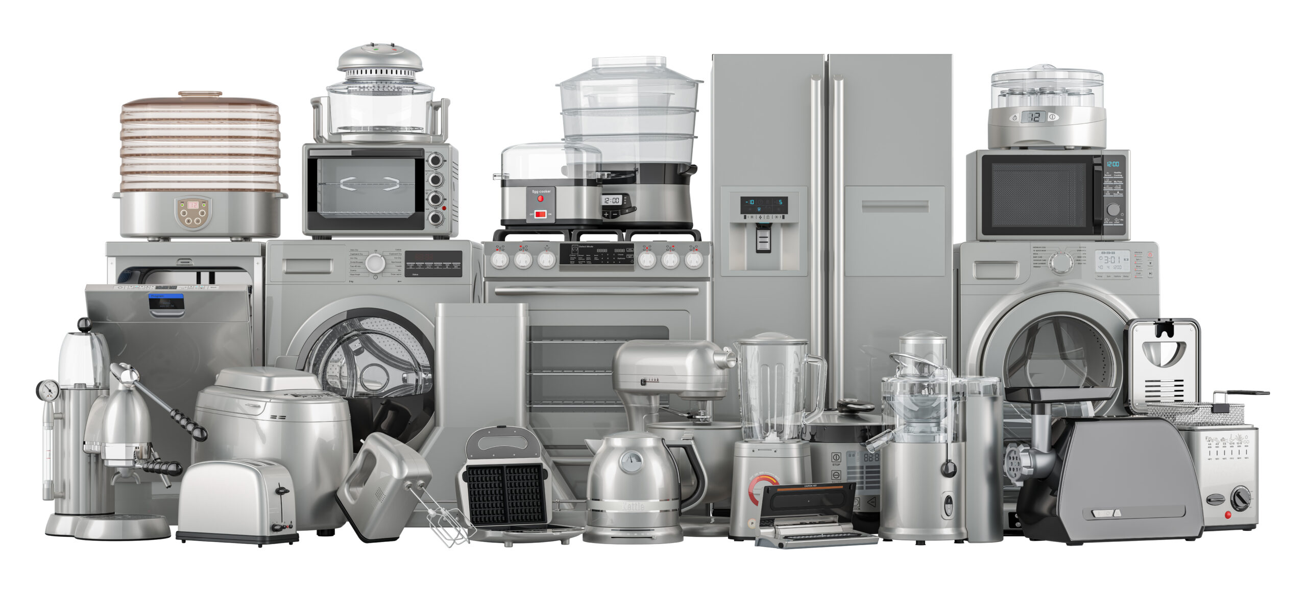 Collection of kitchen appliances, silver metallic colors. 3D ren AEG Appliance Service Cherrybrook